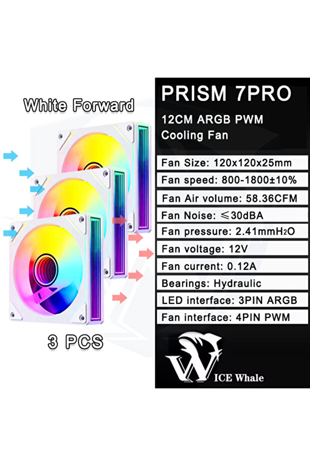 مروحة تبريد كمبيوتر ARGB من A-RGB، 3 قطع، بتصميم مرآة لا متناهية، مقاس 120 مم، من WT Forward، طراز ICE Whale Prism 7 PRO.