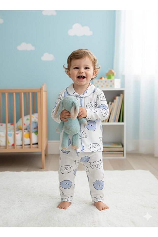 Front-Closure Girls' - Boys' Pajamas 1-3 Years Old with Hearts - Clouds - with Bears
