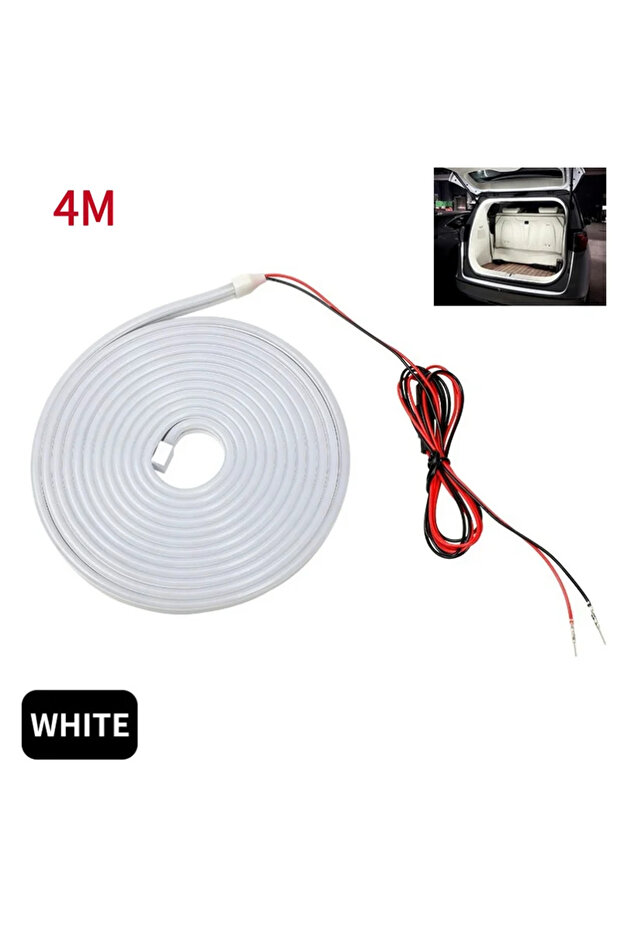شريط إضاءة LED أبيض بطول 4 أمتار، يعمل بجهد 12 فولت، بتصميم ديناميكي متدفق، مناسب لصندوق السيارة، يتميز بإضاءة عالية السطوع، مع خاصية الاستشعار التلقائي لفتح وإغلاق باب الصندوق الخلفي.