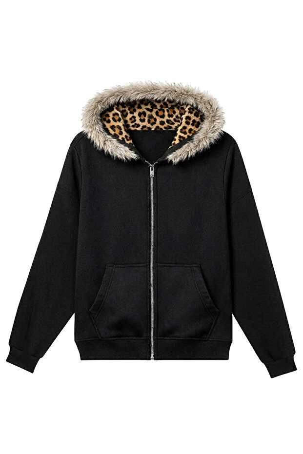 Leopard Lining Fur Hood Detailed Oversized Cardigan Zipper Sweatshirt