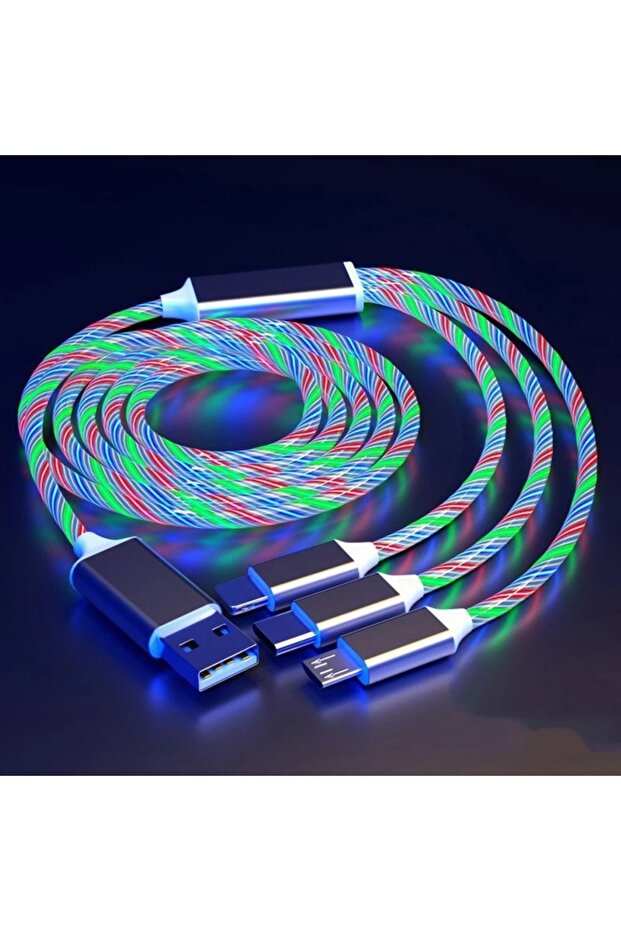 كابل LED أبيض متوهج بطول متر واحد، 3 في 1، لشحن سريع لأجهزة iPhone، مزود بإضاءة متدفقة وسلك USB-C.