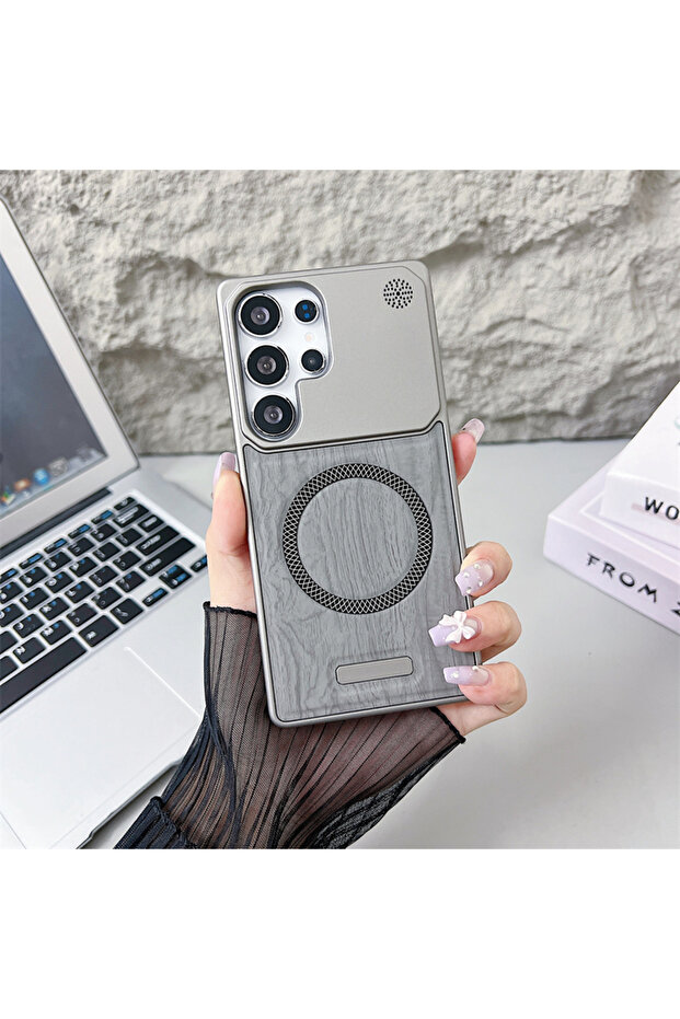 Galaxy S25 Ultra Grey Frameless Wood Grain Leather PC Magnetic Case for Magsafe S25 S24 S23 Ultra