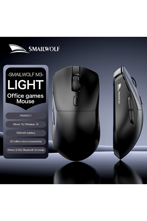 ماوس SMAILWOLF M3 PRO اللاسلكي بتقنية بلوتوث بثلاثة أوضاع، أسود اللون، مناسب للألعاب الإلكترونية، وأجهزة الكمبيوتر المحمولة والمكتبية، PAW3