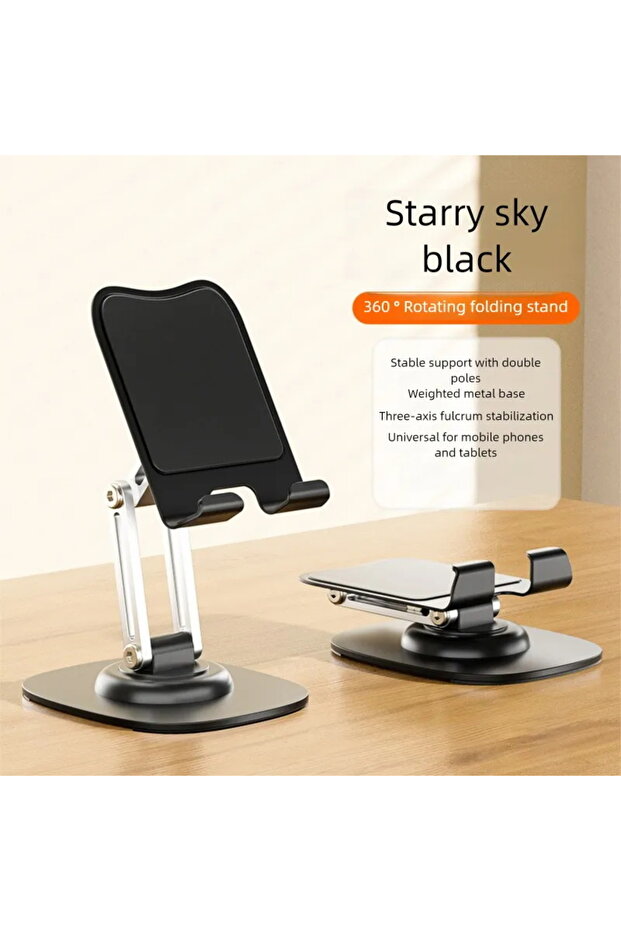 Q17 black Aluminum Alloy Foldable Desktop Phone Stand with 360° Rotating Metal Base, Foldable and A