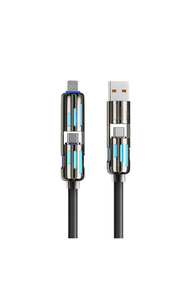 كابل بيانات أسود بطول متر واحد، 4 في 1، يدعم الشحن فائق السرعة بقدرة 240 واط، من نوع USB-C PD، مصنوع من السيليكون وسبائك الألومنيوم.