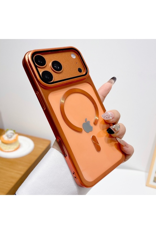 iPhone17 Pro Orange Luxury Lens Protect Stand Holder Bracke Clear Phone Case For iPhone 17 Pro Max 1