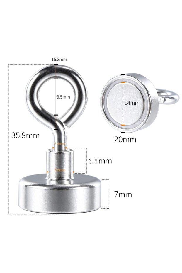 F20-10PCS 20 mm Neodymium Magnets Hooks, Tensile Force 12 kg (26 lbs) Eyelet Magnet with Hooks, Magn