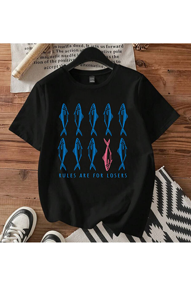 تيشيرت PINTEREST POPULAR FISH PRINTED للجنسين برقبة دائرية وأكمام قصيرة من القطن الممشط