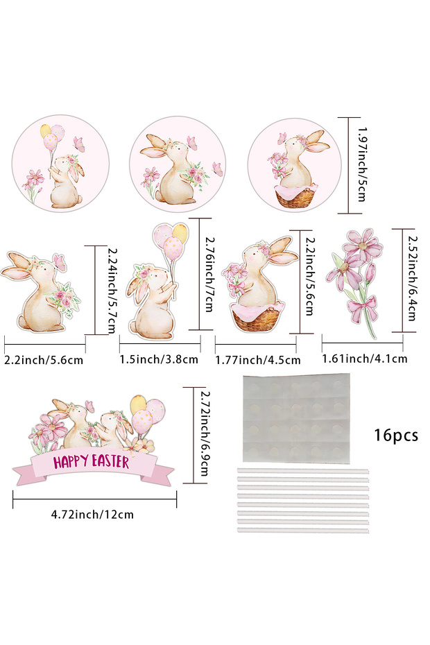 16pcs mixed 16Pcs Easter Rabbit Cupcake Toppers Carton DIY Paper Topper For Happy Easter Party Cake