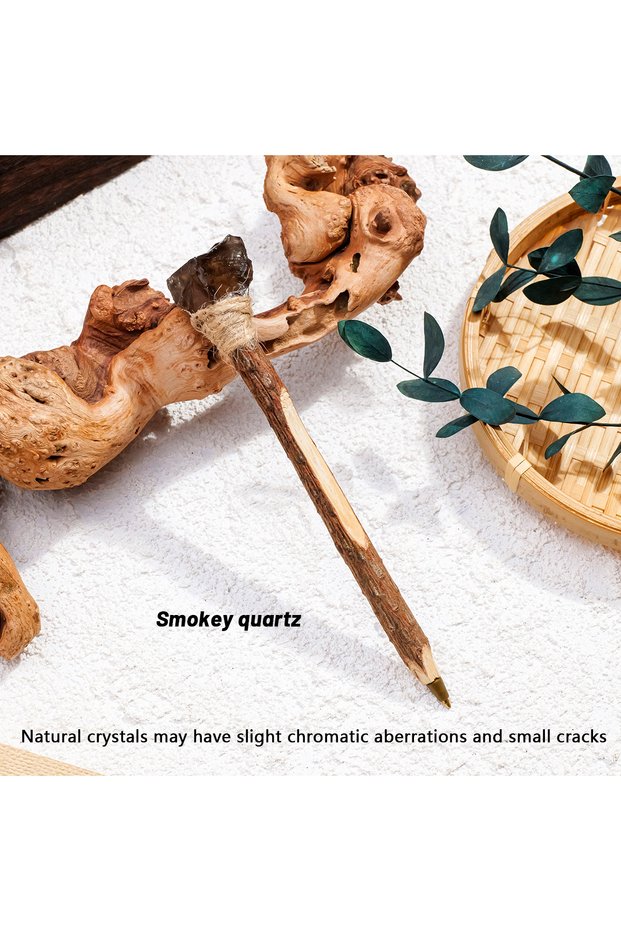 1pc Smokey quartz 1pc Natural Crystal Raw Stone Magic Pen, Wooden Ballpoint Pen with Crystal Ornamen