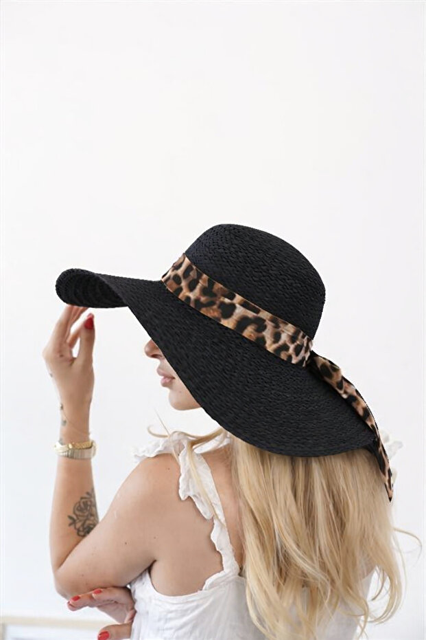 Women's Lorel Black Leopard Detailed Straw Hat