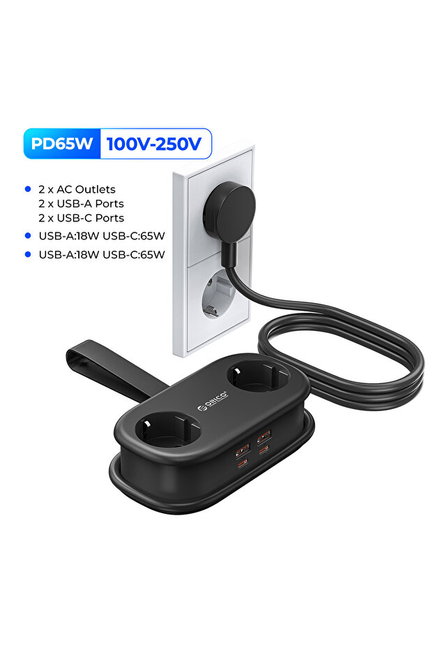 Orico EU Plug EU plug Black ORICO Cable-Wrap Portable Travel Power Strip 65W GaN Fast Charging Stati