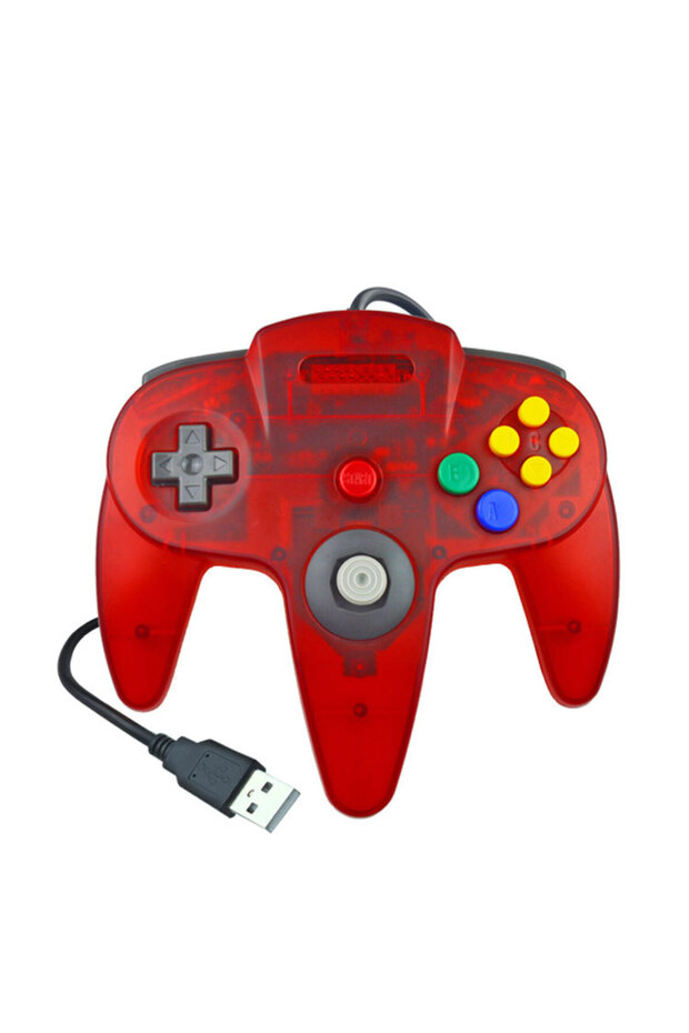 وحدة تحكم بأسلاك شفافة حمراء اللون لجهاز N64، تعمل بمنفذ USB، وهي مناسبة لألعاب الفيديو الكلاسيكية والقديمة.