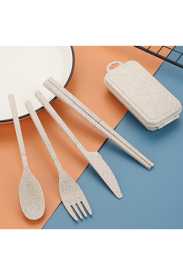 Beige Portable Wheat Straw Fork Cutlery Set Foldable Folding Chopsticks Cutlery Set With Box Travel