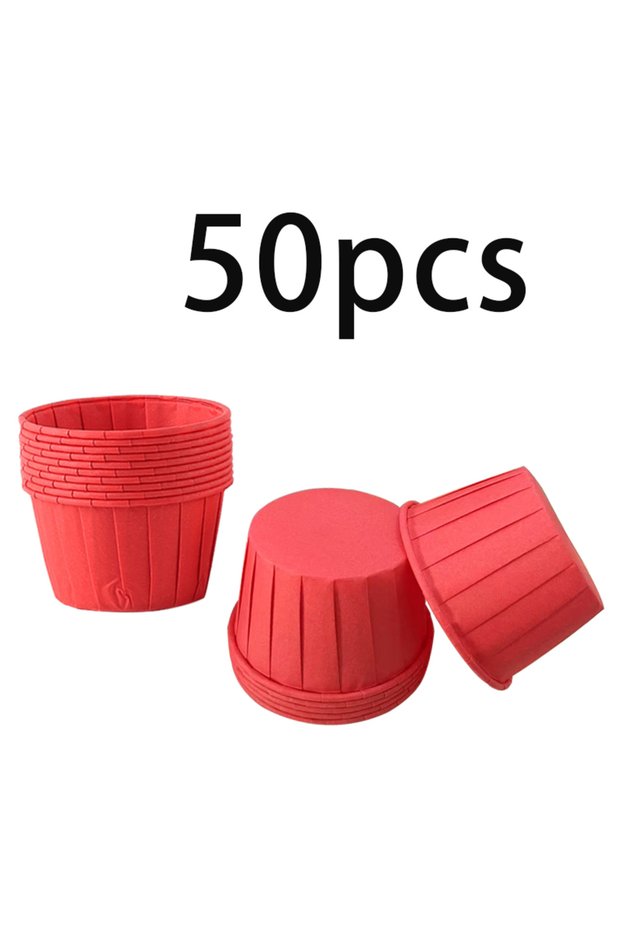 50 Pieces of Hongsejuanbian 50Pcs Pure Red Rolled Edge Cake Cups, Heat-Resistant and Oil-Proof Paper