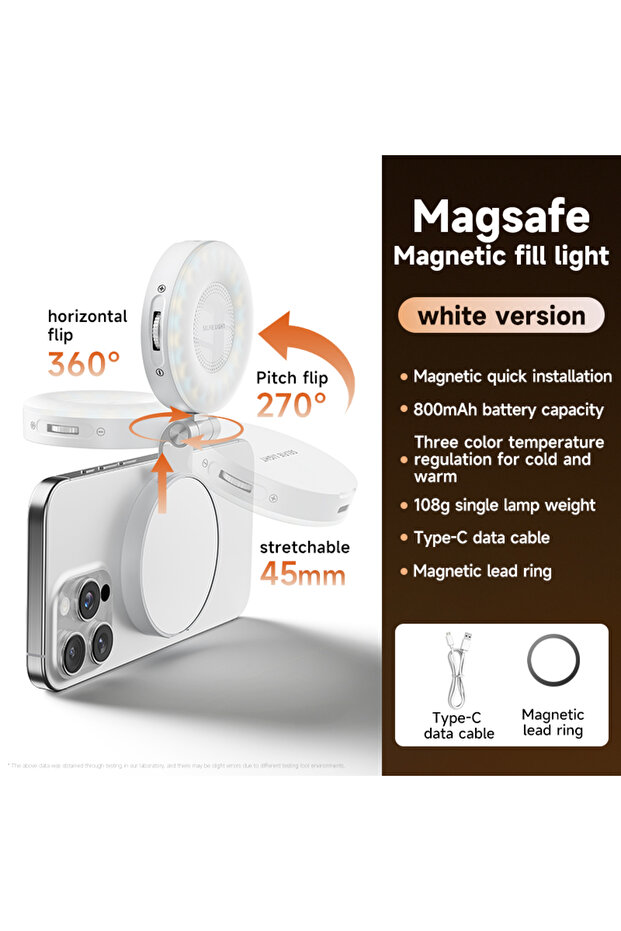 WHITE Magnetic Selfie Light Compatible with MagSafe iPhone&Android Phone Light with a Mirror 360° Fo
