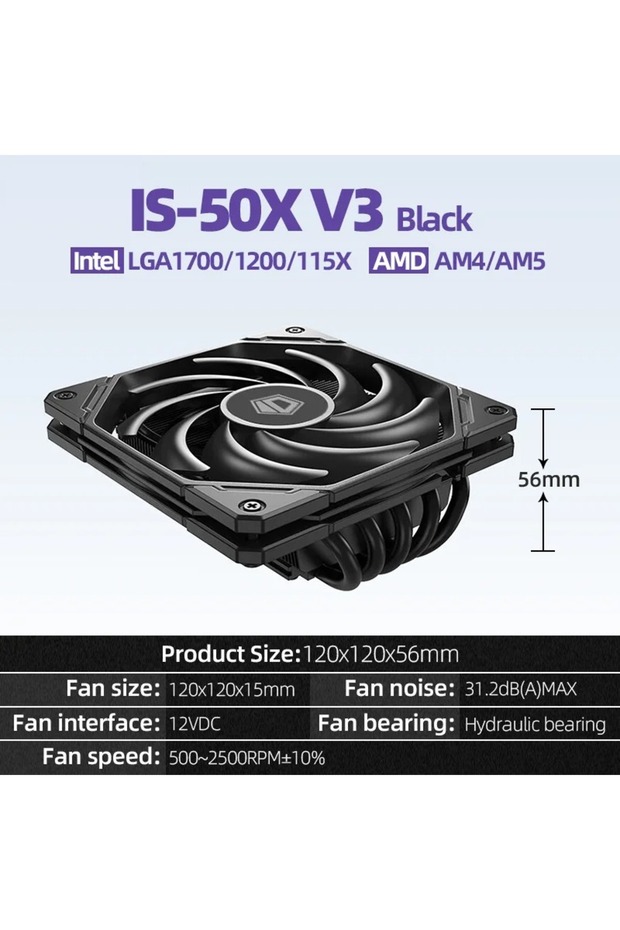 NO RGB black ID IS-50X V3 ID-COOLING IS-50X 5 Heat Pipes CPU Cooler 4PIN PWM 500-2000RPM ITX Compute