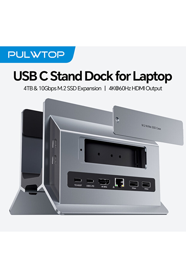 Grey PULWTOP Laptop Docking Station with M.2 SSD Expansion, HD 4K, RJ45, USB-C 2USB C 10Gbps, SD/TF,