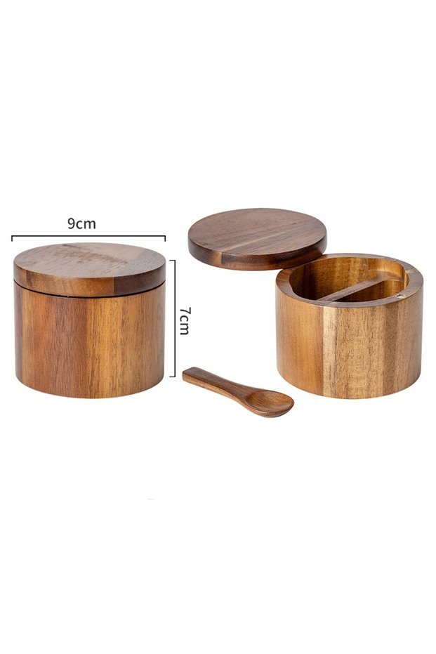 B Acacia Wood Salt and Pepper Bowl Box with Lid and Spoon Acacia Salt Cellar with 360° Swivel Lid .
