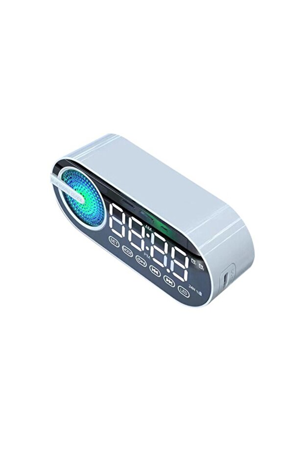 ساعة منبه بلوتوث لاسلكية بيضاء هادئة مع مكبر صوت وإضاءة RGB ومرآة LED رقمية وراديو FM وشاشة كبيرة