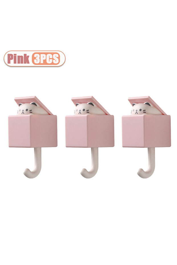 Pink-3PCS 1-10PC Cartoon Cat Hook Self Adhesive Dormitory Bedroom Door Hanger Hook Key Umbrella Towe