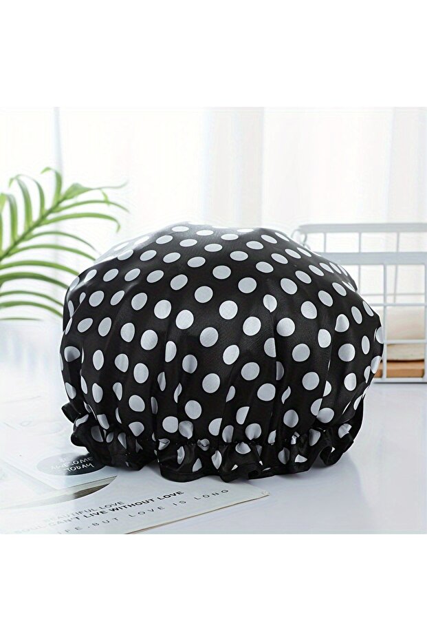 Black Dot-1 1Pc Fashionable Printed Doublelayer Waterproof Shower Cap,a Must-have for Bathrooms,with
