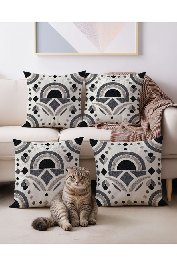Punch Embroidery Look Digital Printed Set of 4 Modern Boho Style Velvet Textured 4-Piece Throw Pillow Covers