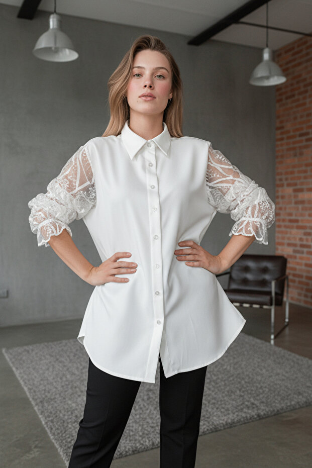 BEYAZ KOLU DANTELLİ BLUZ - 1