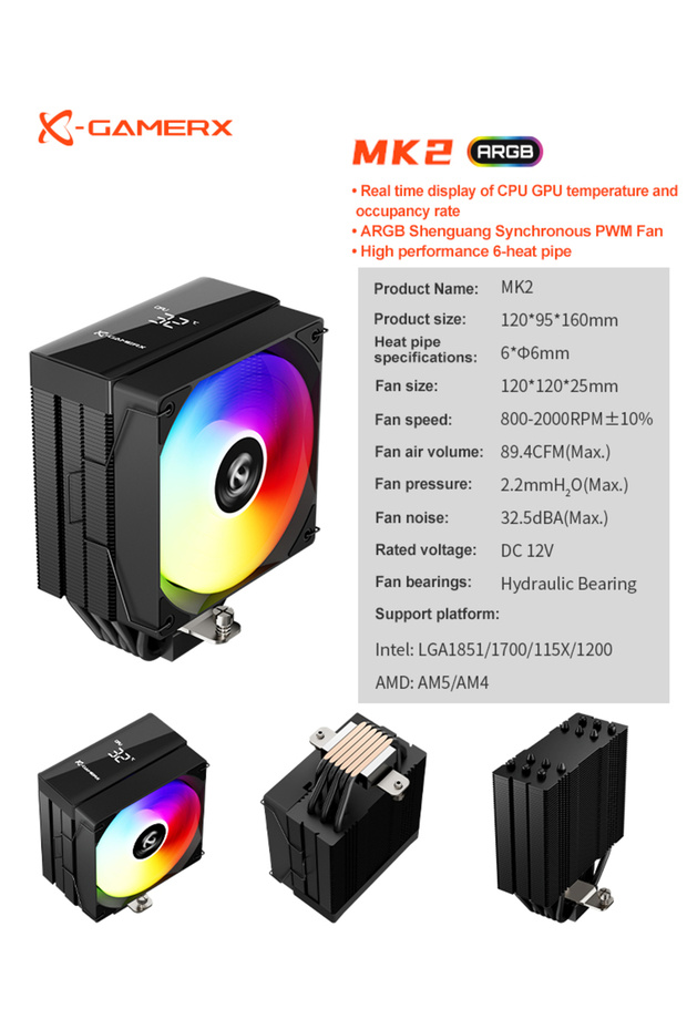 A-RGB Other MK2 Black Power Train X-Gamerx MK2 ARGB CPU Cooler 6 Heat pipes With Temperature Display