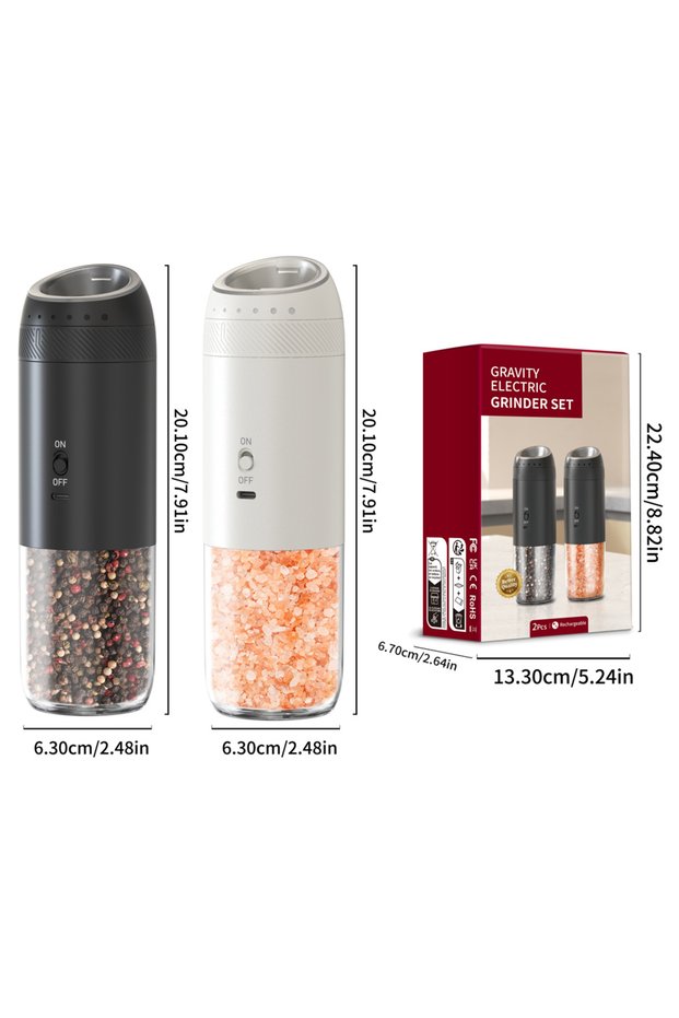 KYMQ-71A-BW 1/2PCS Electric Salt And Pepper Grinder with LED Light Gravity Sensing Adjustable Mills