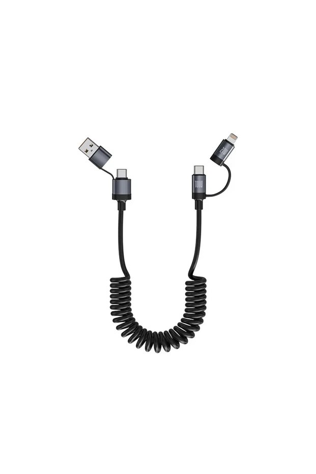 Black 1.5 m 100W Dual Drag Spring Data Cable USB Type C For iPhone 16 S25 6A Extendable Four-I...
