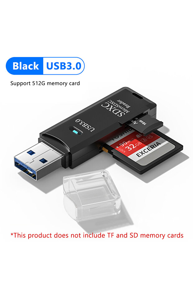 قارئ بطاقات USB 3.0 أسود 2 في 1، قارئ بطاقات Micro TF و SD 2.0، محول USB، قراءة بطاقات عالية السرعة
