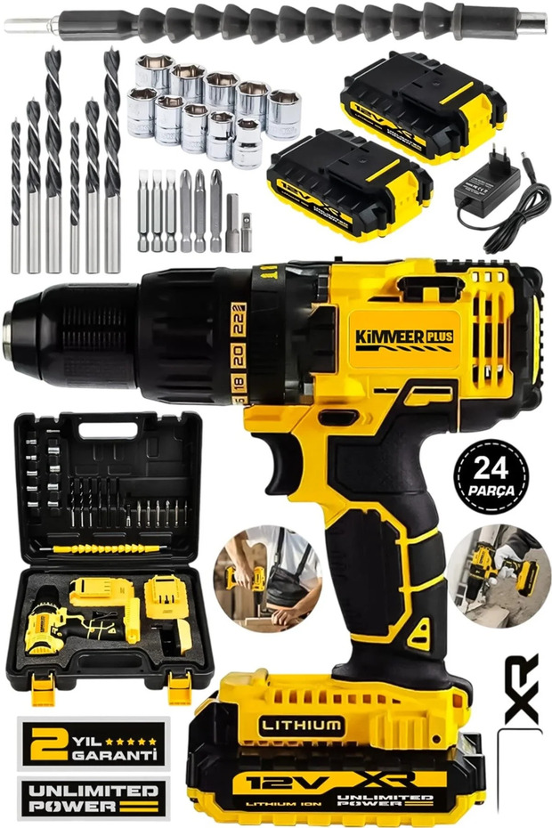 LUNAX Kimmer Plus 24 v 5 Ah çelik Mandren Metal Şanzıman Çift Akülü Şarjlı 24 Parça Akülü Vidalama