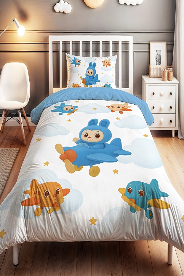 Blue Pofi Patterned Single Baby Kids Duvet Cover Set with Airplane