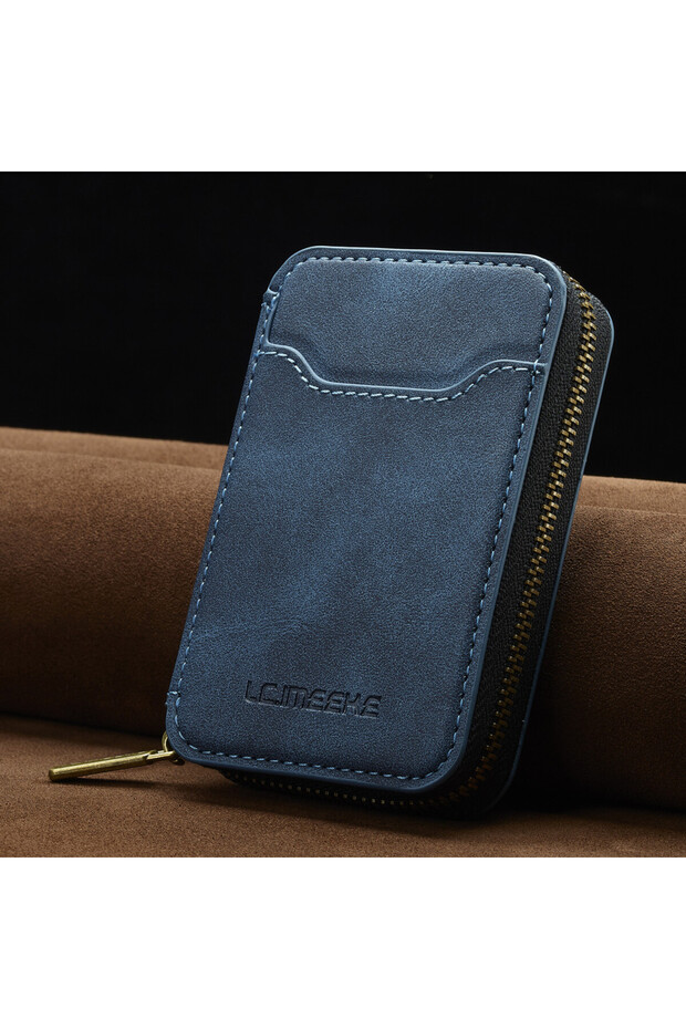 Blue Magnetic Attraction Zipper Leather Card Slot Wallet for iPhone 17 Google Ph...
