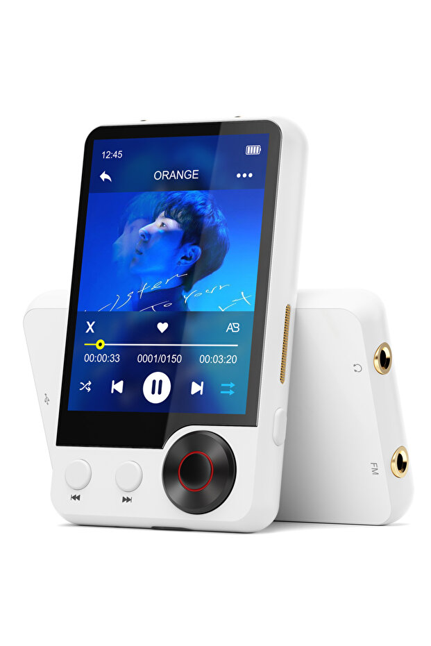 مشغل MP3 أبيض بسعة 128 جيجابايت مزود بتقنية بلوتوث 5.3 محسّنة، ومكبر صوت عالي الدقة، وشاشة لمس 2.4 بوصة.