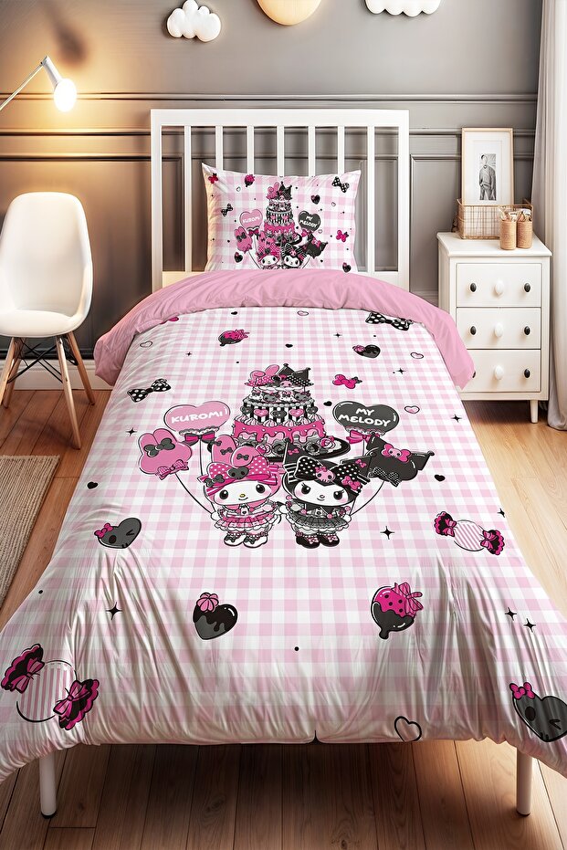 Kuromi and Melody Patterned Single Baby Kids' Duvet Cover Set with Balloons