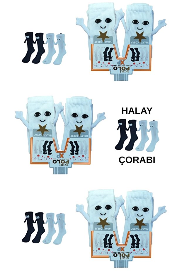 3 Pairs of Magnetized Hand-Holding Look-Alike Cheerful Combed Cotton College Socks White