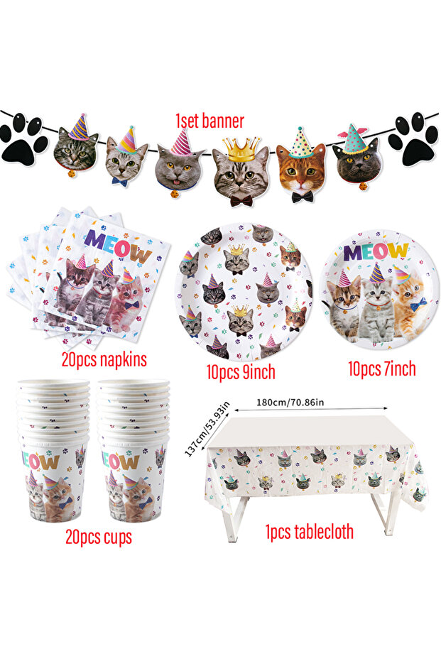 style B Pet Cats Birthday Party Decoration Paper Banner Plate Cup Cake Topper Disposable Tableware S