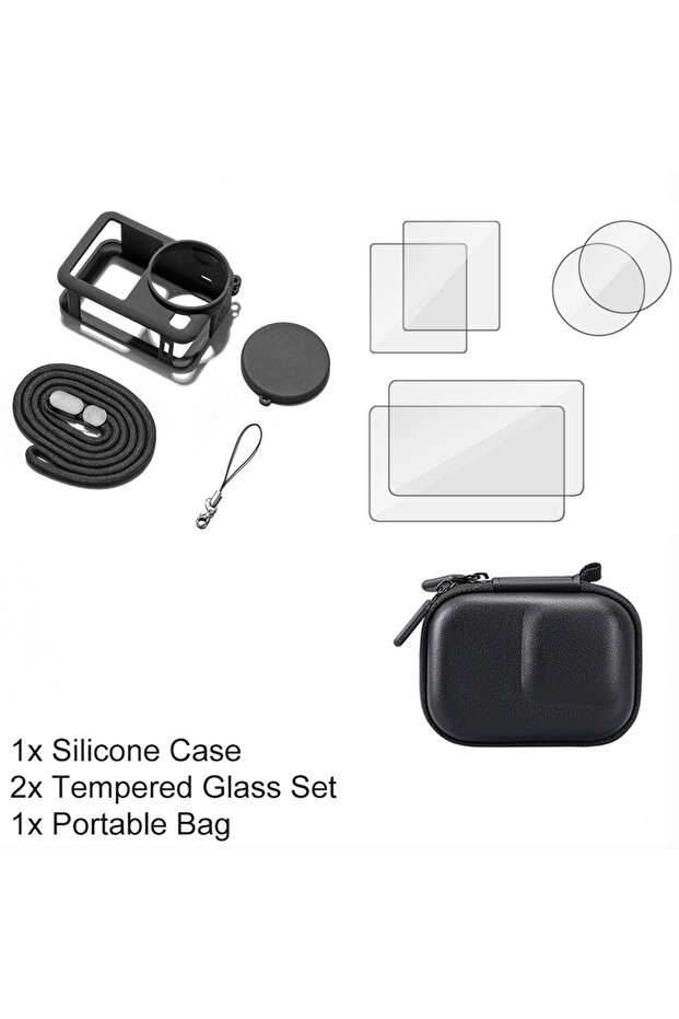 Set 5 For DJI Osmo Action 6 Silicone Case, Tempered Glass Screen Protector Lens Cap, Mini Carrying B