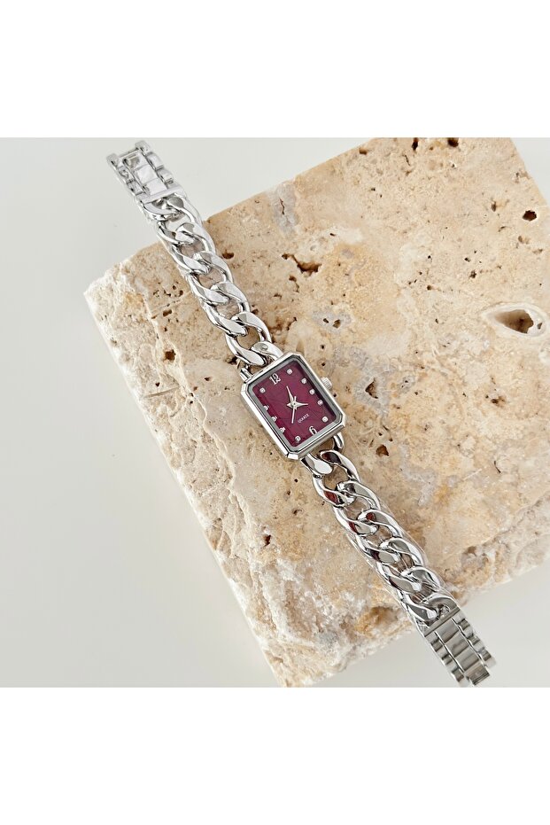 Chain Cord Silver Watch Claret Red