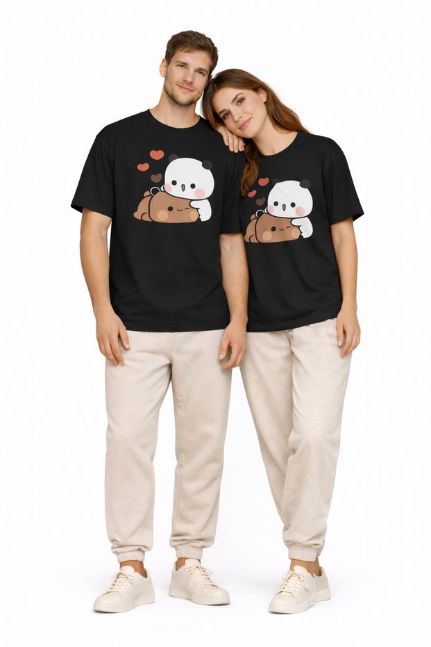 Cute Panda Printed Lover's Combination Couple T-Shirt Oversize Unisex Couple Combination Set of 2 Black