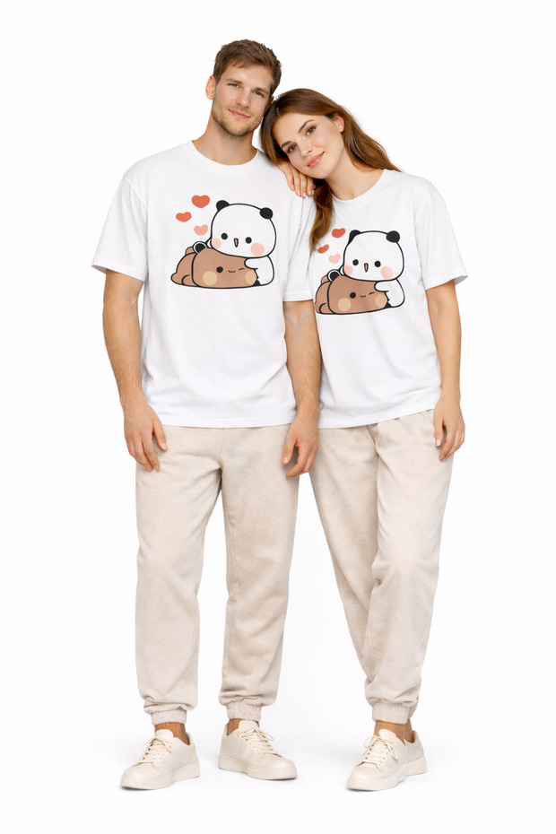 Cute Panda Printed Lover's Combination Couple T-Shirt Oversize Unisex Couple Combination Set of 2