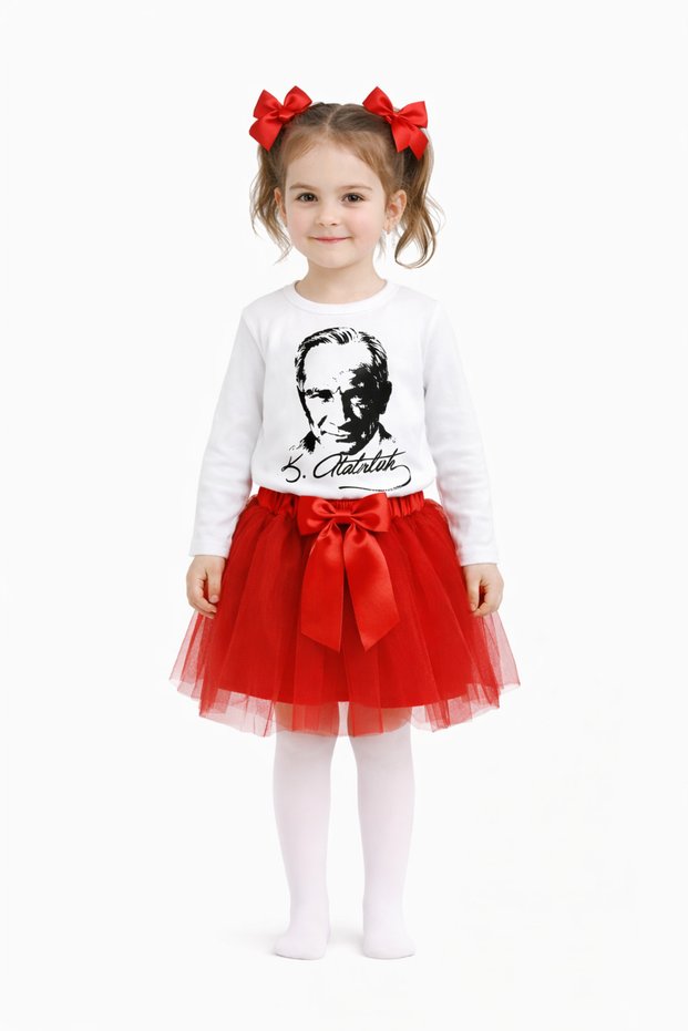 Red Tutu Skirt, Socks and Buckle, White T-Shirt, Ataturk Patterned Girls' Set