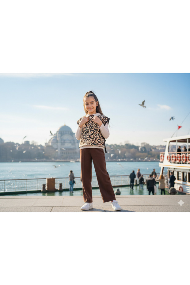 Girl's Leopard Patterned Gilet Sweater, Badi and Trousers 3-Piece Set