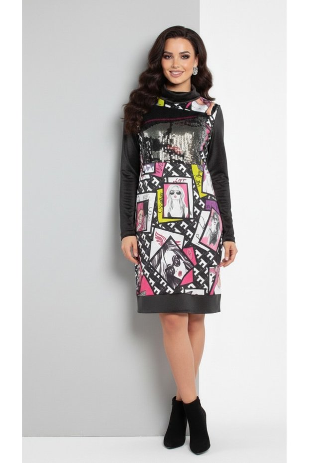 Women's Premium Pop-Art Printed Micro Velvet Fabric Dress