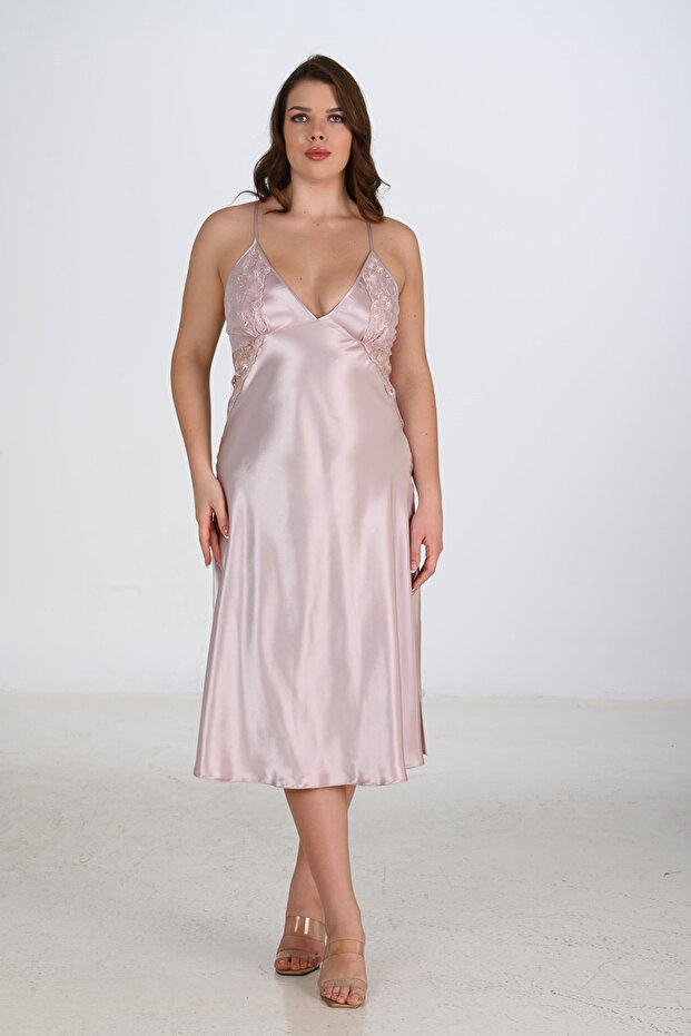 Women's Satin Slit Back Detail Plus Size Nightgown | Powder 2201
