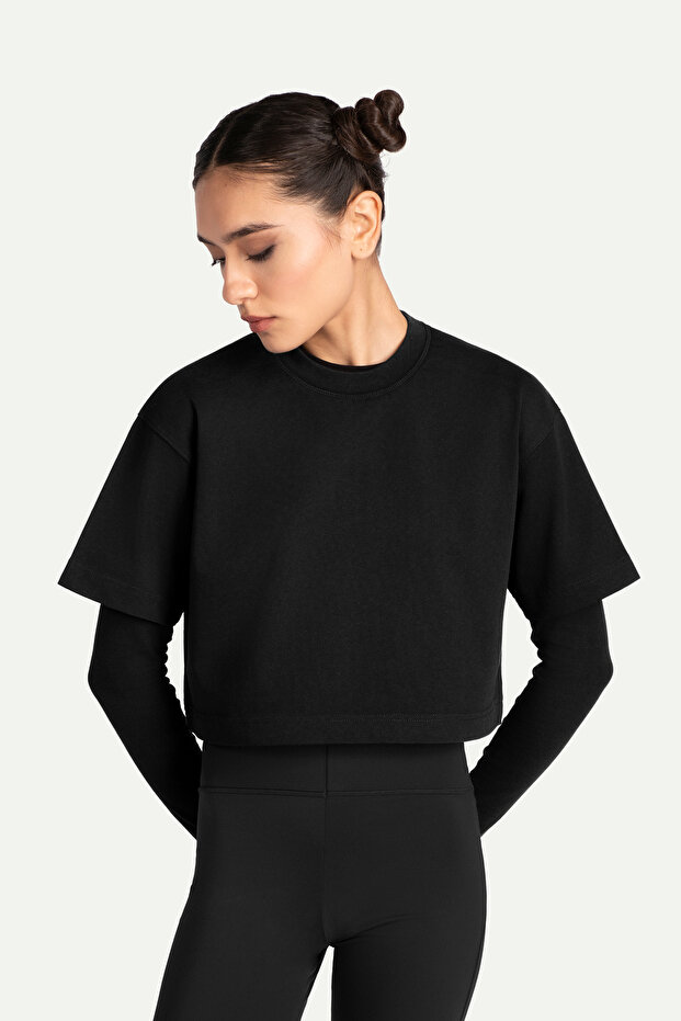 Kadın Urban Cut Crop Basic T-Shirt - Tar - 3