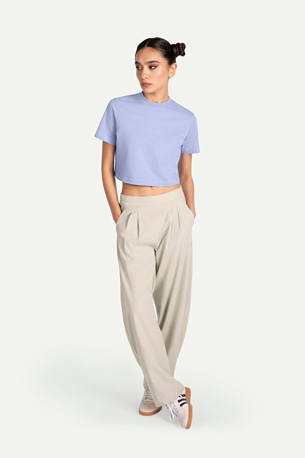Kadın Flat Cut Crop Basic T-Shirt - Jellyfish - 4