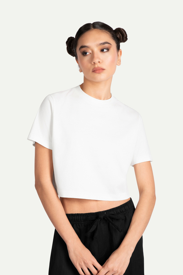 Kadın Flat Cut Crop Basic T-Shirt - Off White - 3